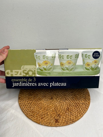 Set Of 3 Handpainted Planters With Tray