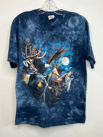 Retro Graphic "Forest Wildlife Under The Moon" Tie Dye T-shirt (M)