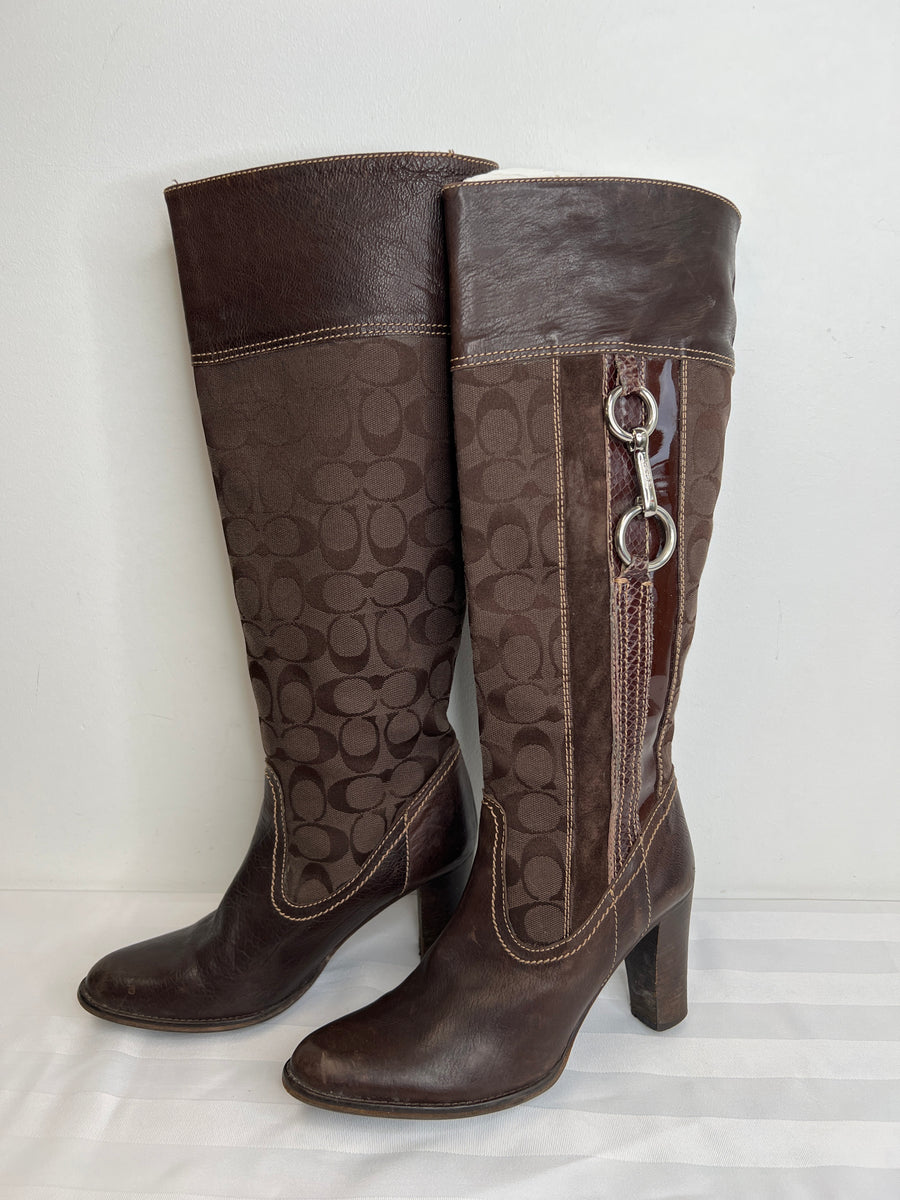 RARE Coach outlet Yvette Tall Leather & Logo Fabric Mixed Media Boots sz 7.5 - Brown