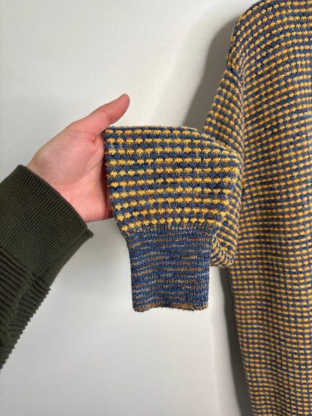 Hugo Boss Blue & Yellow Cotton-Linen Blend Waffle-Knit Pullover Sweater
