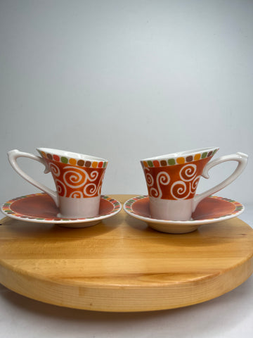 SET OF 2 Stokes Gourmet Ceramic Espresso Cups + Saucer