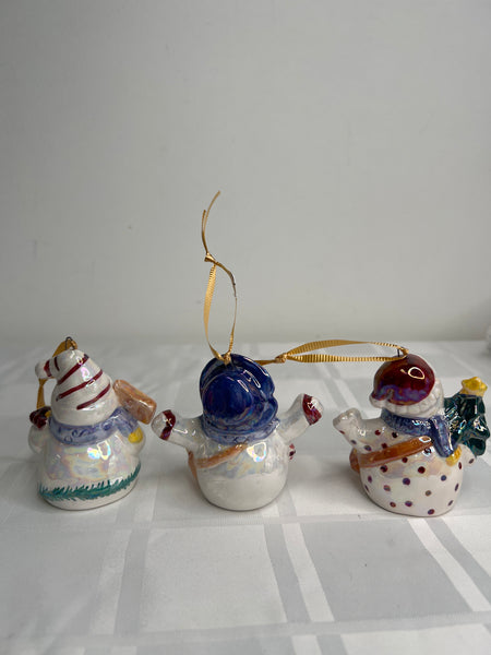 Set Of 3 Vintage Ceramic Snowman Christmas Ornaments