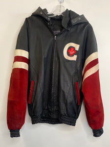 Vintage Cosa Nova Canada Embroidered Hooded Suede-Leather Bomber Jacket (L)