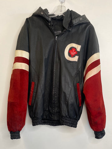 Vintage Cosa Nova Canada Embroidered Hooded Suede-Leather Bomber Jacket (L)