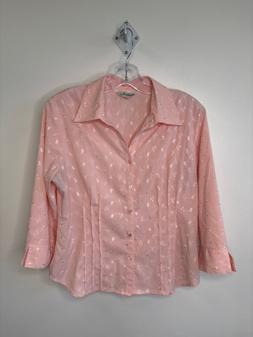 Retro Jessica Petite Baby Pink Flodal Embroidered Button-Up Blouse (L)