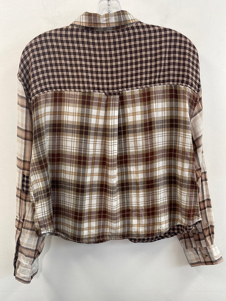 American Eagle Plaid Patchwork Print Cropped Flannel Top (L)