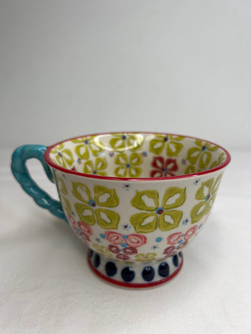 Anthropologie Akila With A Twist Floral Footed Blue Handle Coffee Cup