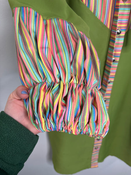 Striped Puff-Sleeve Button Up Midi Dress