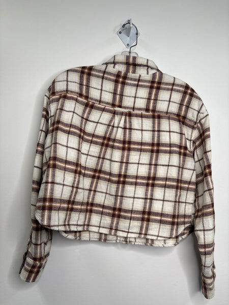 American Eagle Plaid Cropped Long-Sleeve Button-Up (M)