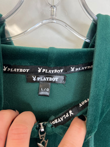 Playboy Forest Green Velvet Crop Zip-up Hoodie (L)