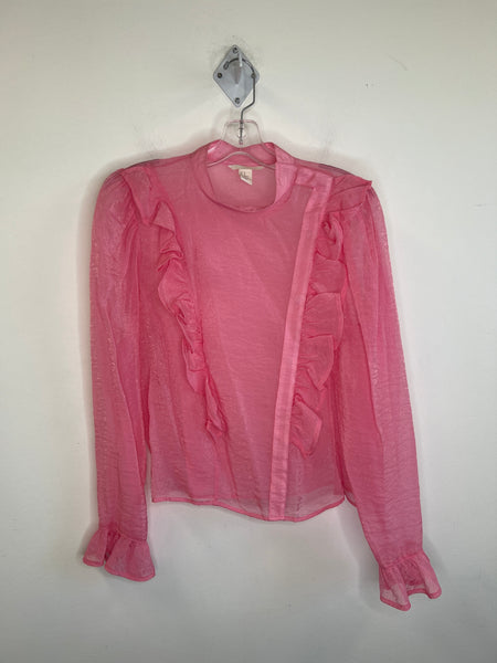 H&M Sheer Baby Pink Ruffle Button-Up Long-Sleeve Blouse (12)