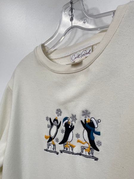 Retro Caroll Reed Penguin On Ice Embroidered Pullover Crewneck Sweater (XL)