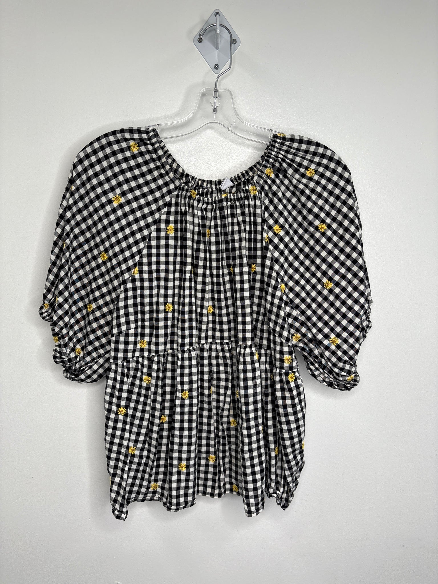 Old Navy Plaid Floral Embroidered Puff-Sleeve Top (XL)