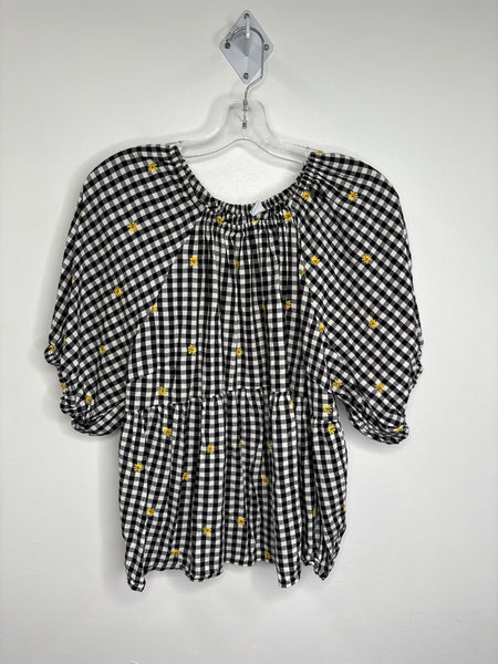 Old Navy Plaid Floral Embroidered Puff-Sleeve Top (XL)