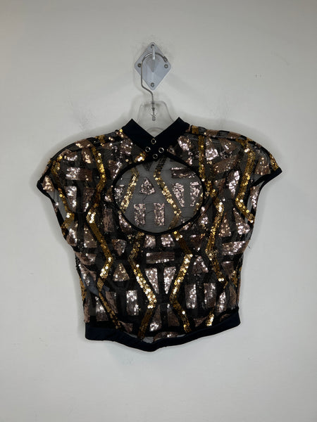 Weissman LA Black/Gold Back Keyhole Sheer Sequins Short-Sleeved Crop Top