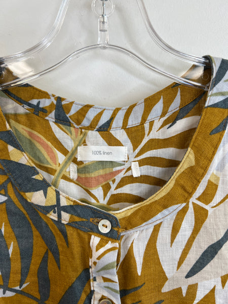 Yellow Palm Leaf Print Linen Sleeveless Button-Up Shirt (L)