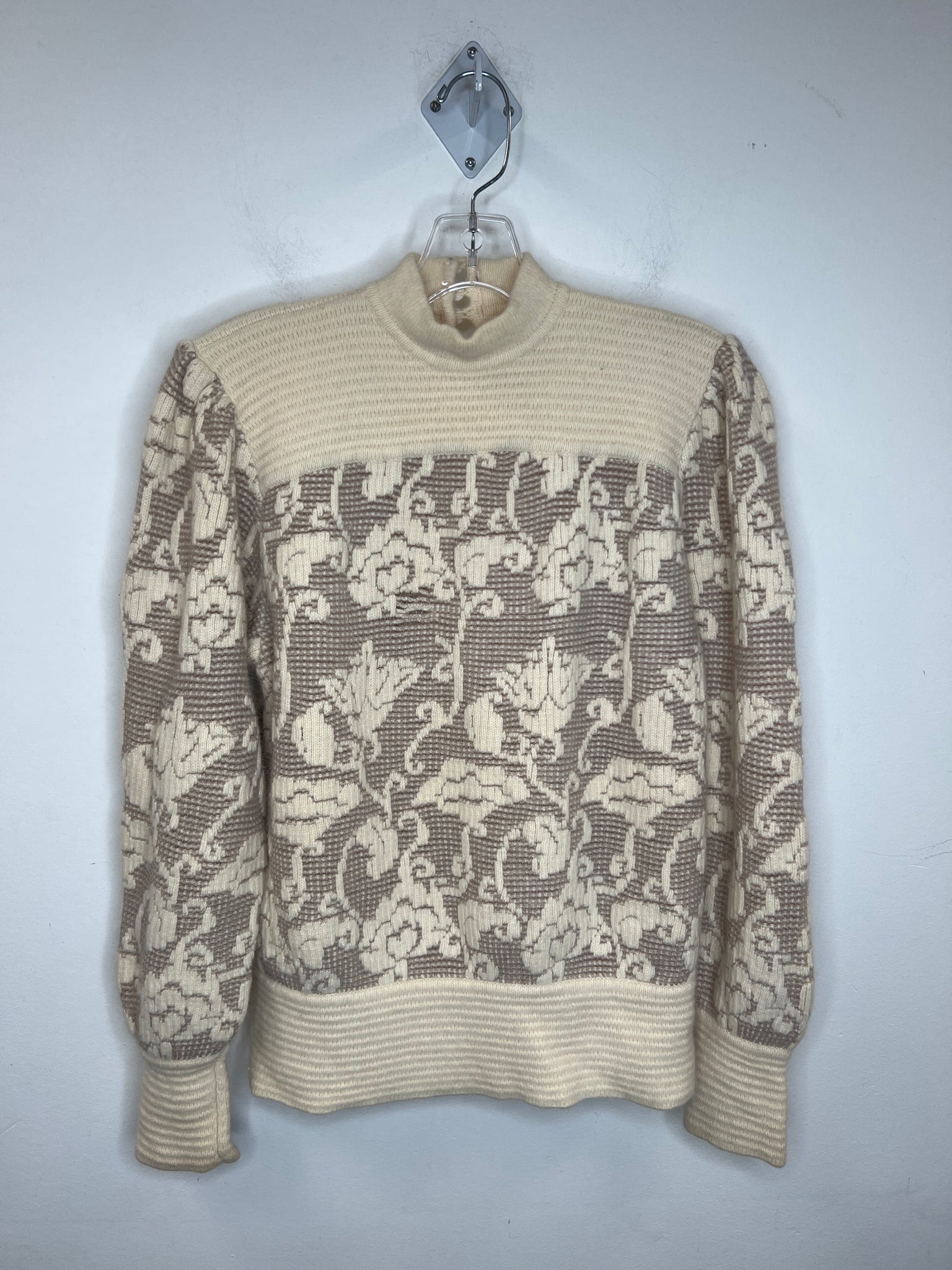 Vintage S.S.G Ltd. Lambswool-Angora Blend Cream Floral Print Long-Sleeve Sweater (M)