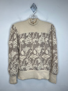 Vintage S.S.G Ltd. Lambswool-Angora Blend Cream Floral Print Long-Sleeve Sweater (M)