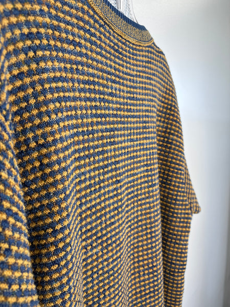 Hugo Boss Blue & Yellow Cotton-Linen Blend Waffle-Knit Pullover Sweater