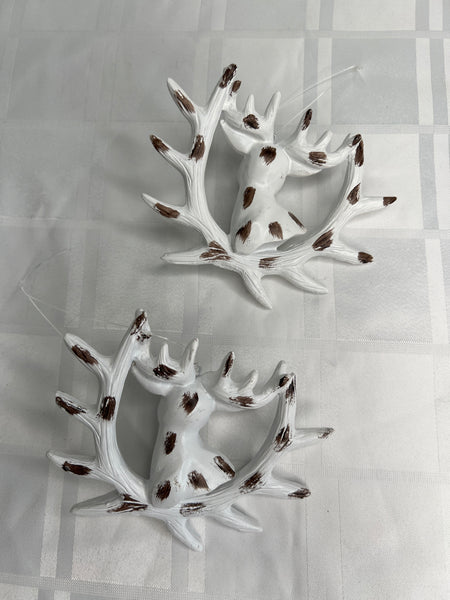 Set Of 2 Wooden Reindeer Heads With Antle Wreath Christmas Ornaments