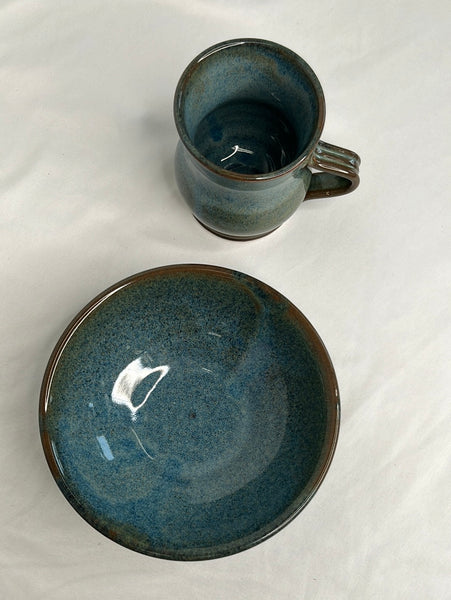 Set of 2 Mug and Bowl Glazed Blue Pottery