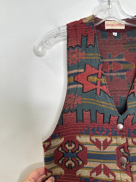 Vintage Gotcha Covered Red Southwest Print Tapestry Button-Up Vest (S)