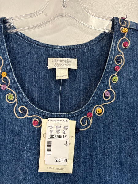 NWT Christopher Banks Embroidered Button Denim Double Slit Cotton Maxi Dress (L)