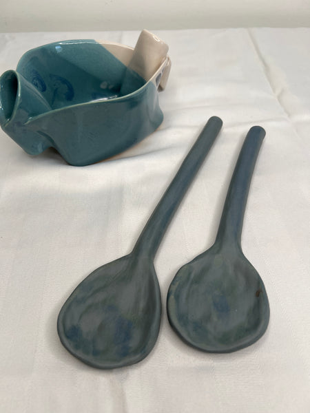 Blue Ombré Ceramic Serving Dish With Serving Spoons