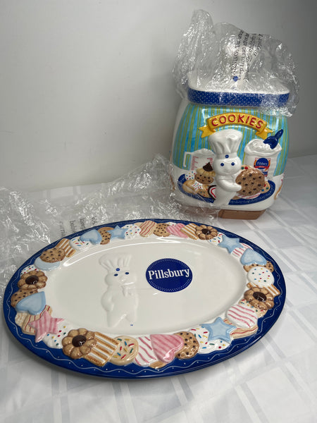 SET OF 2 Vintage Danbury Pillsbury Doughboy Large Cookie Jar & Platter Set