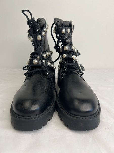 Zara Basic Collection Faux Pearl Studded Black Lace Up Combat Boots (US 8)