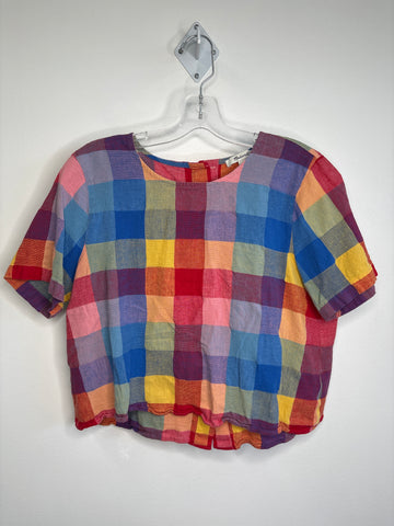 Madewell Rainbow Checkered Cotton-Linen Blend Blouse Top (L)
