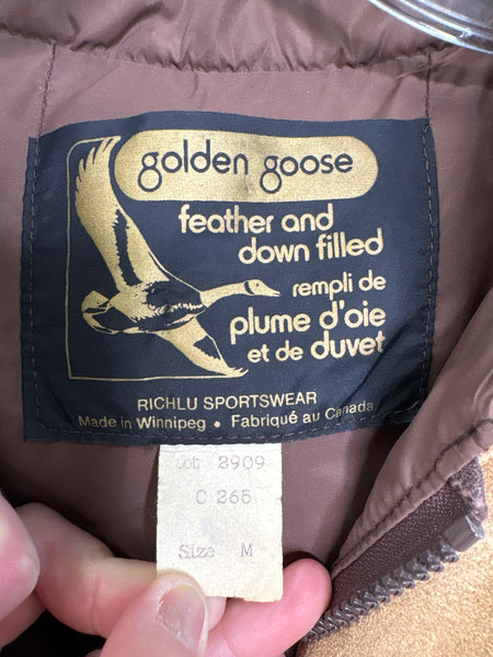 Vintage Golden Goose Brown Feather & Down Filled Leather Zip-Up Puff Vest (M)