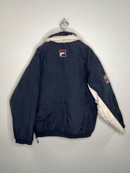 Vintage 90s Fila Jacket Blue International Gear Puffer Sporty Pullover (XL)