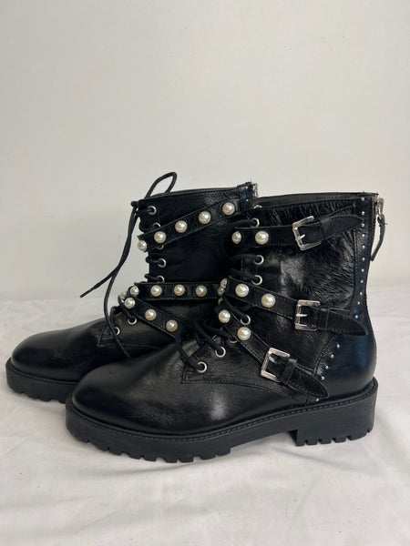 Zara Basic Collection Faux Pearl Studded Black Lace Up Combat Boots (US 8)