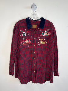 Casual Elements Red Plaid Christmas Button-Up Embroidered Long Sleeve Shirt (3X)