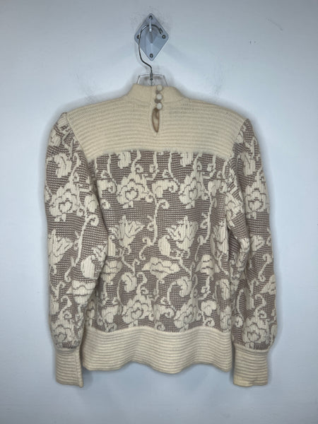 Vintage S.S.G Ltd. Lambswool-Angora Blend Cream Floral Print Long-Sleeve Sweater (M)