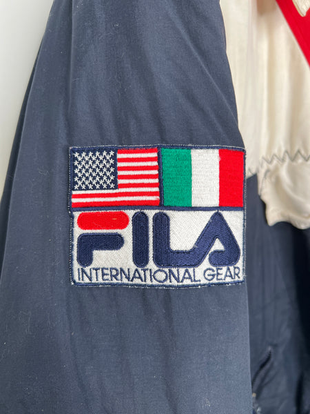 Vintage 90s Fila Jacket Blue International Gear Puffer Sporty Pullover (XL)