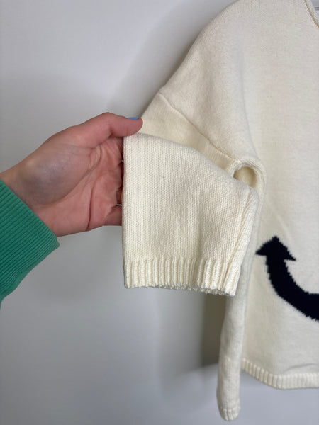 L.O.G.G Blue & White Anchor Graphic Cotton-Blend Cropped Quarter-Sleeve Knit Sweater (XS)