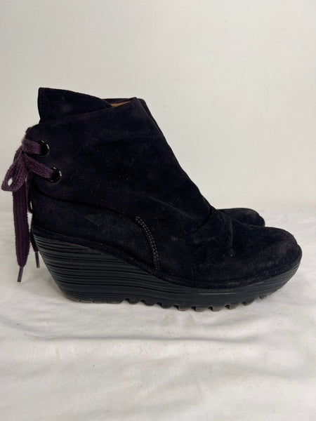 Fly London Yama Deep Purple Suede Wedge Ankle Booties (US 7)