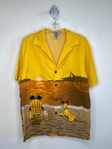 Walt Disney World Yellow "Mickey And Pluto At the Beach" Graphic Short-Sleeved Button-Up Shirt (S)