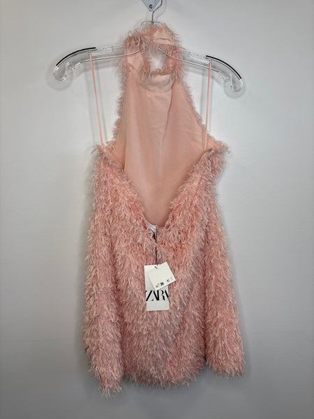 NWT Zara Baby Pink Faux Feather Halter Mini Dress (L)