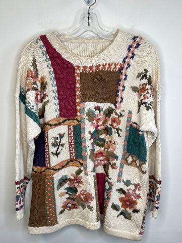 Handmade Floral Patterned Knit Sweater (L)