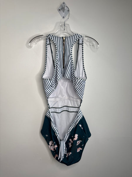 Striped Floral Backless One Piece Swimwear (XXL)