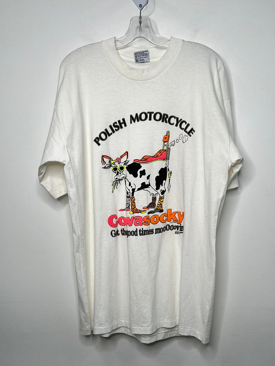 Vintage Polish Motorcycle Cowasocky Get The Good Times Mooooovin Art Wearables 1990 Made in USA Graphic T-Shirt (XL)