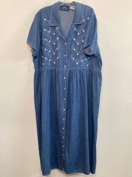 Vintage Only Denims Floral Embroidered Tie-Back Button Maxi Chambray Dress (3X)