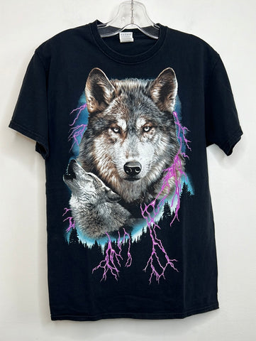 Black Graphic "Wolf In Lightening" T-Shirt (M)