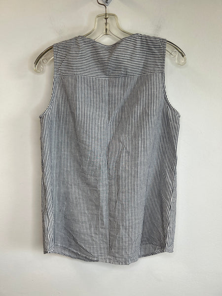 Ellen Tracy Linen Navy Stripe Sleeveless Button-Up Top (S)