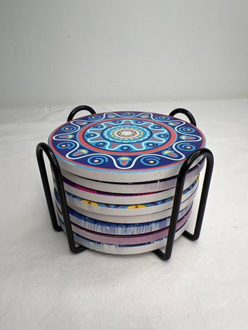 Blue Mosaic Set Of 8 Ceramic Coasters With Metal Stand