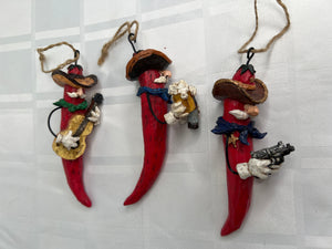 SET OF 3 Vintage Wooden Western Musical Red Chilli Pepper Christmas Ornaments