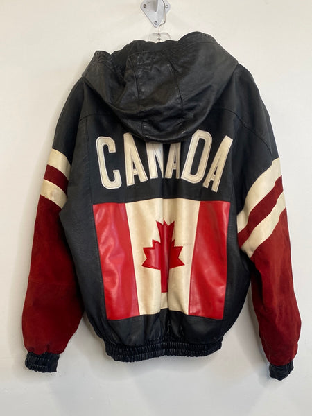 Vintage Cosa Nova Canada Embroidered Hooded Suede-Leather Bomber Jacket (L)